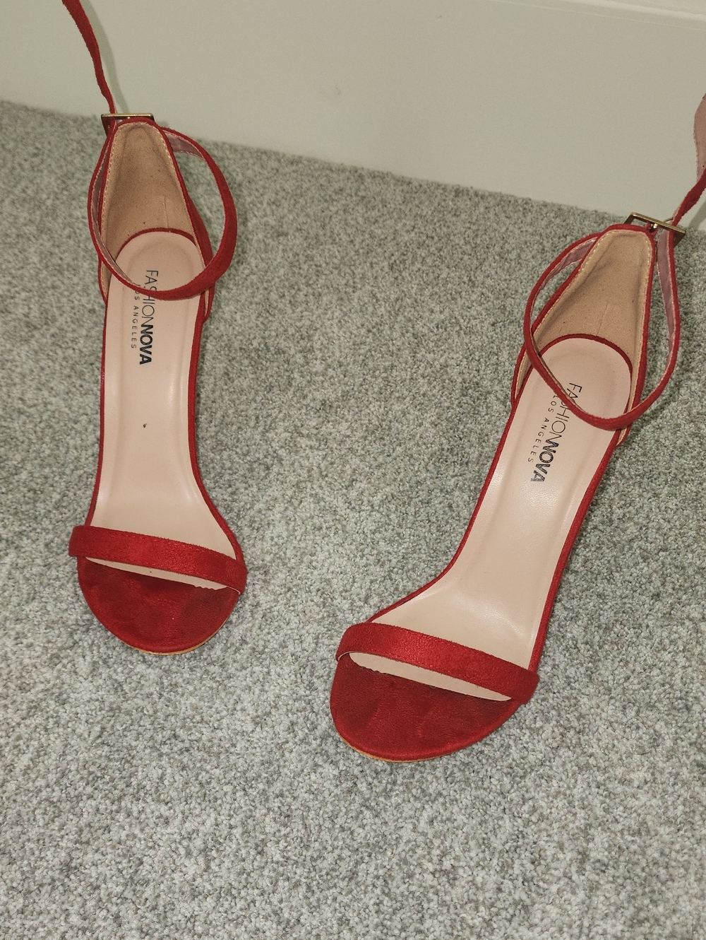 Fashion Nova Red Suede Ankle-Strap Stiletto Heels